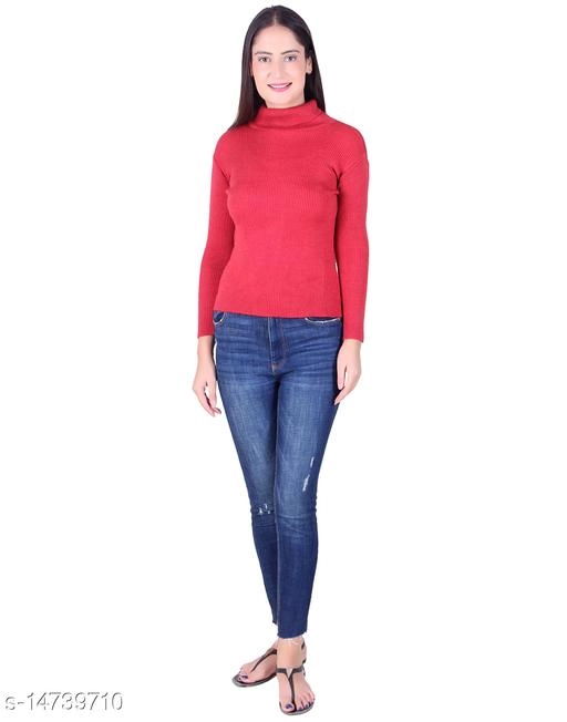 Hi-Neck Sweater for Women (Red, M)