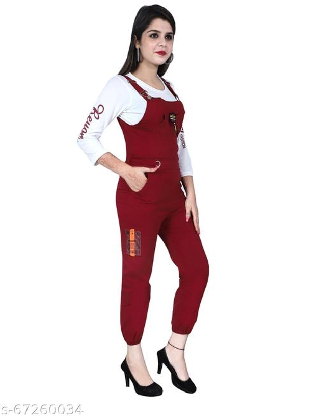 Cotton Blend Solid Dungaree for Women & Girls (White & Maroon, S)