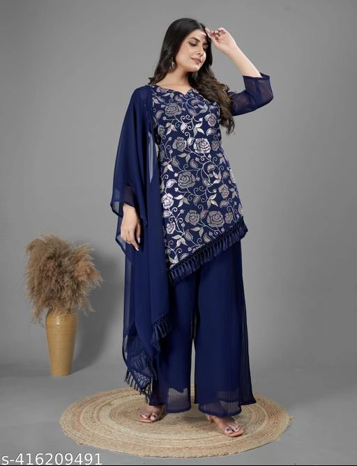 Georgette Embroidered Kurti with Sharara & Dupatta for Women (Navy Blue, S)