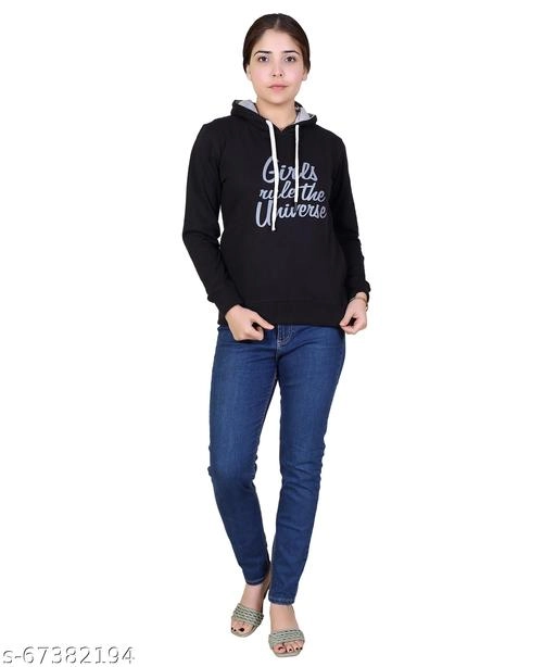 Cotton Blend Printed Hoodie for Women (Black, M)