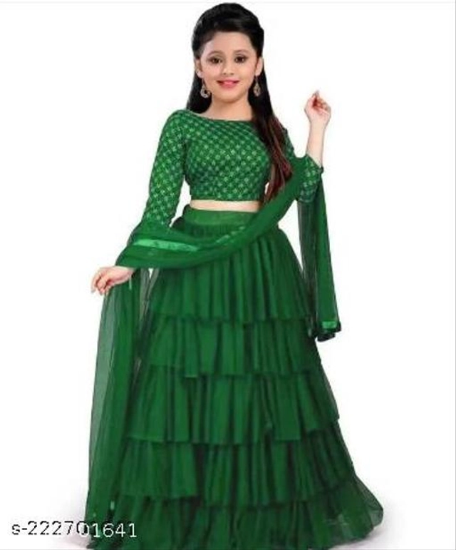 Net Solid Lehenga Choli with Dupatta for Girls (Green, 1-2 Years)