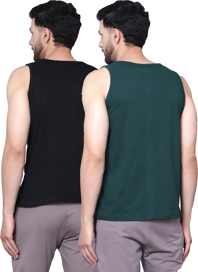 Cotton Blend Printed Vest for Men (Black & Bottle Green, M) (Pack of 2)