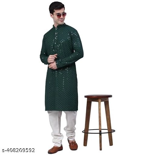 Viscose Embroidered Kurta for Men (S, Bottle Green)