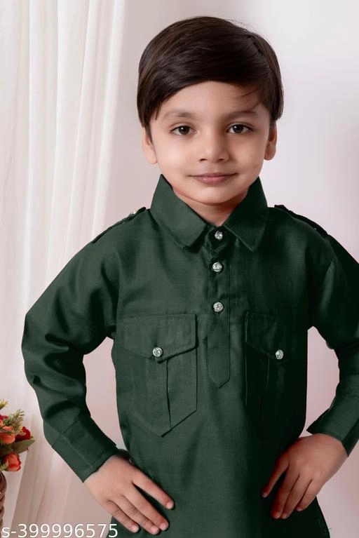 Cotton Solid Kurta with Pyjama for Boys (Green, 1-2 Years)