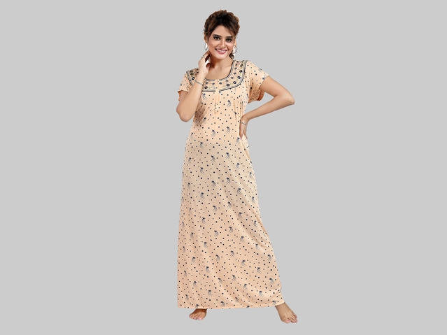 Hosiery Printed Nightdress for Women (Beige, Free size)