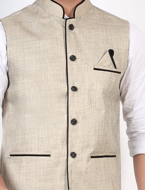 Jute Khadi Solid Waistcoat for Men (Gold, M)