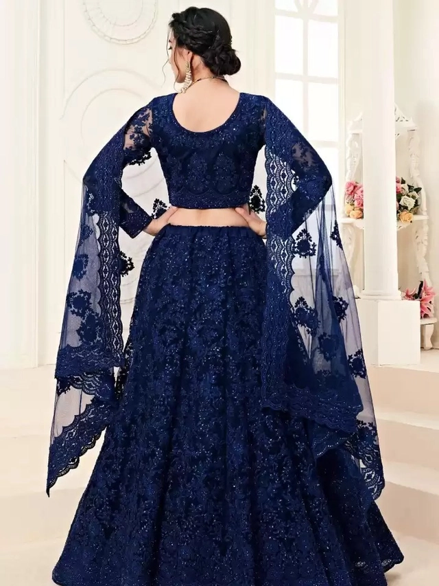 Net Embroidered Semi Stitched Lehenga Choli for Women (Blue, Free Size)