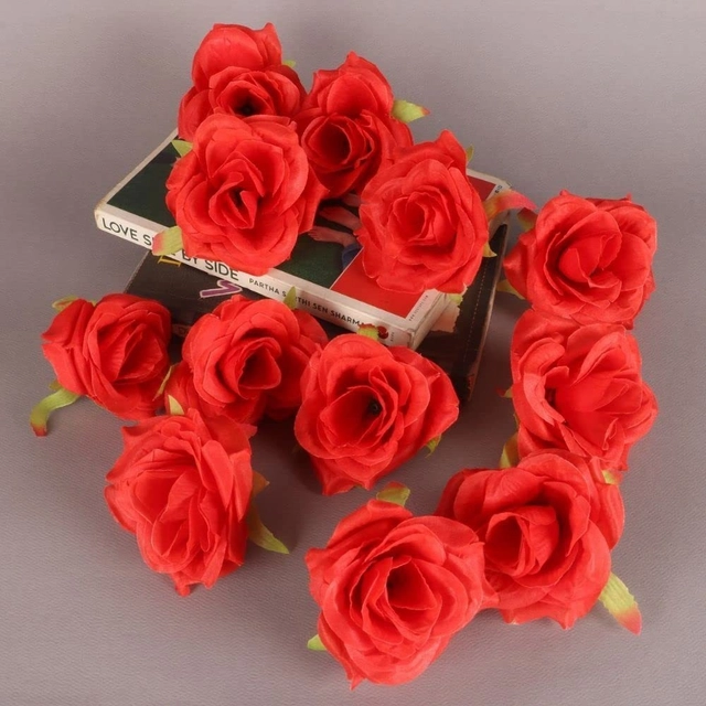 Artificial Rose Flowers Bunches for Diwali Decoration (Red, Pack of 12)