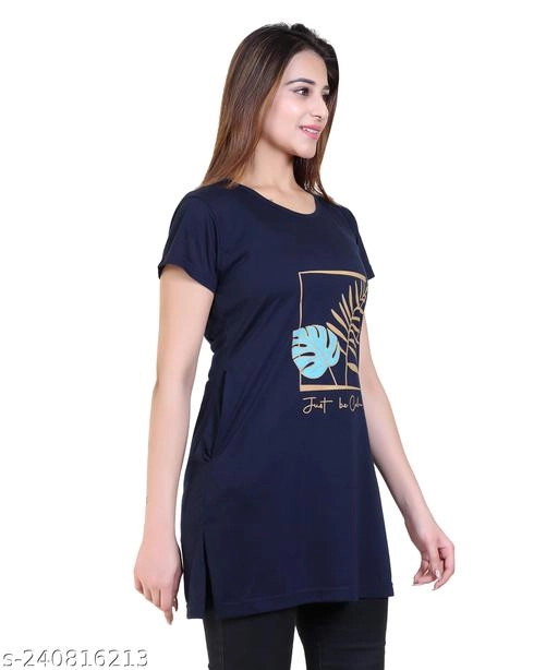 Round Neck Printed Long T-Shirt for Women (Navy Blue, M)