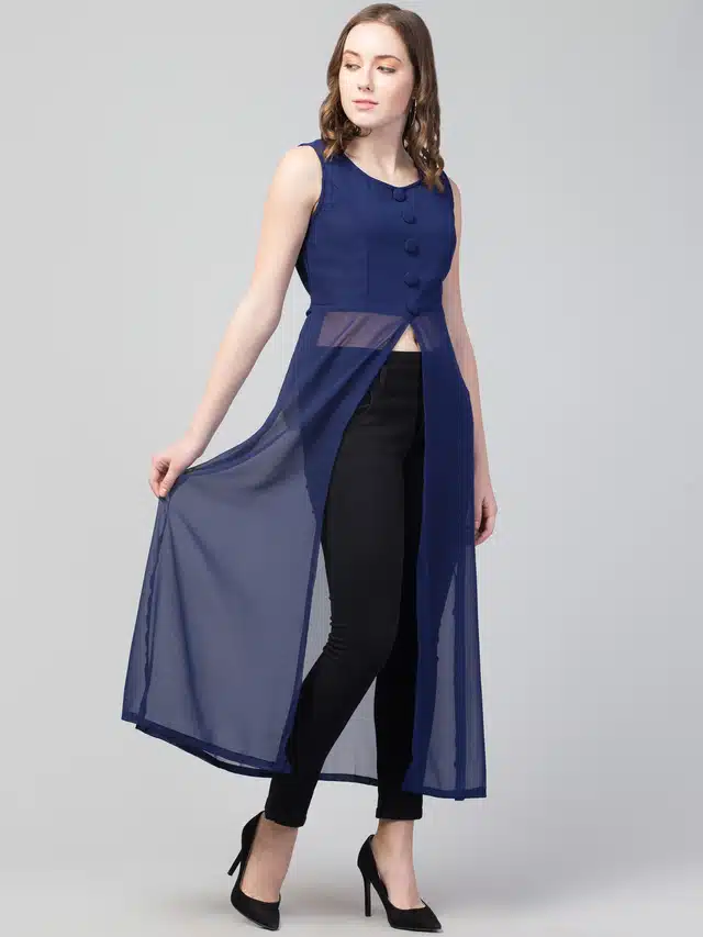 Solid Front Slit Maxi A-line Dress for Women (Blue, 3XL)