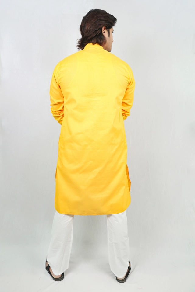 Cotton Full Sleeves Embroidered Kurta Set for Men (Yellow & White, M)