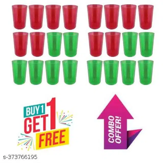 Plastic Water Glasses (Green & Red, 300 ml) (Pack of 24)