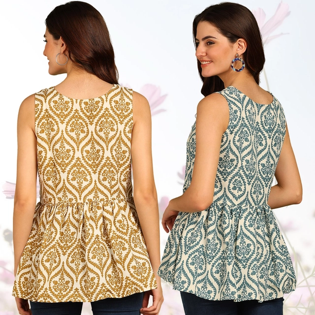 Rayon Printed Flared Top for Women (Gold & Teal, S) (Pack of 2)