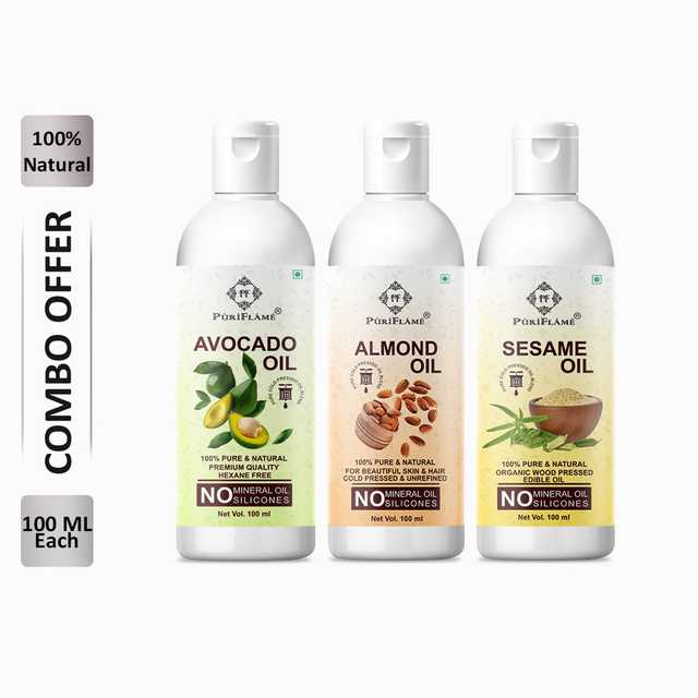 PuriFlame Pure Avocado Oil (100 ml) & Almond Oil (100 ml) & Sesame Oil (100 ml) Combo For Rapid Hair Growth (Pack Of 3) (B-2284)