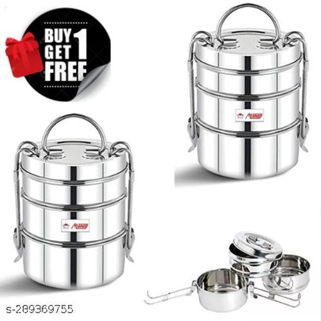 Stainless Steel 3 Layer Lunch Box (Silver, Pack of 2)