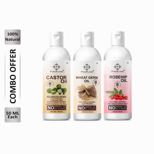Puriflame Pure Castor Oil (50 ml), Wheat Germ Oil (50 ml) & Rosehip Oil (50 ml) Combo for Rapid Hair Growth (Pack of 3) (B-10139)