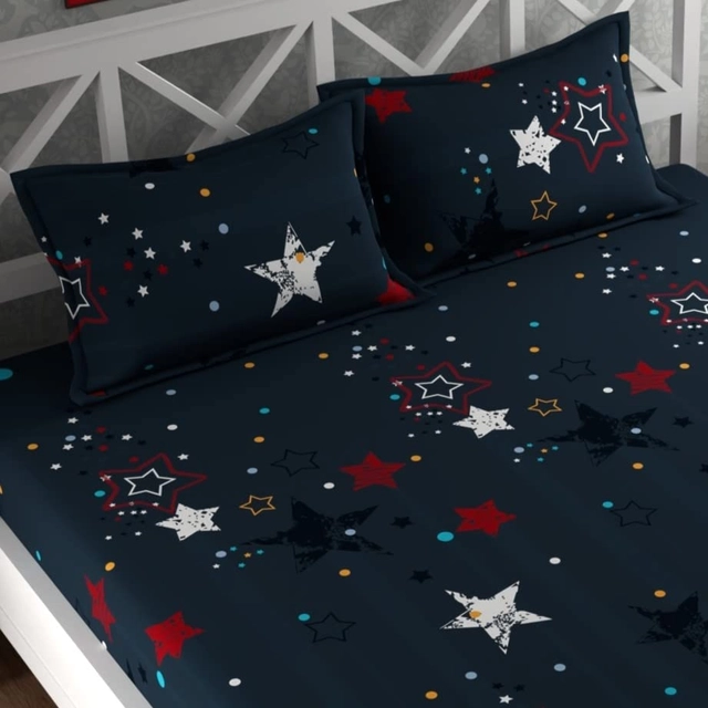 CG Homes 180 TC Fitted Elastic Double Printed Bedsheet With 2 Pillow Cover Cotton (Blue Star)