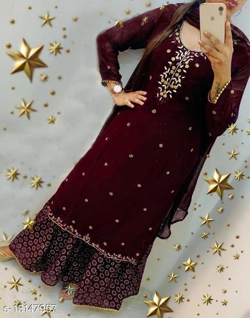 Rayon Embellished Kurti with Palazzo & Dupatta for Women (Maroon, M)