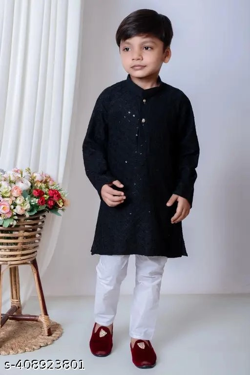 Rayon Embroidered Kurta with Pyjama for Boys (2-3 Years, Black & White)