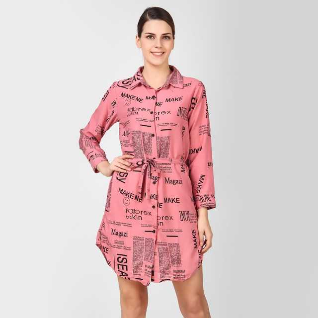 Stylish New Crepe Women Printed Newspaper Tunic Dress (Pink, L) (ITN-128)