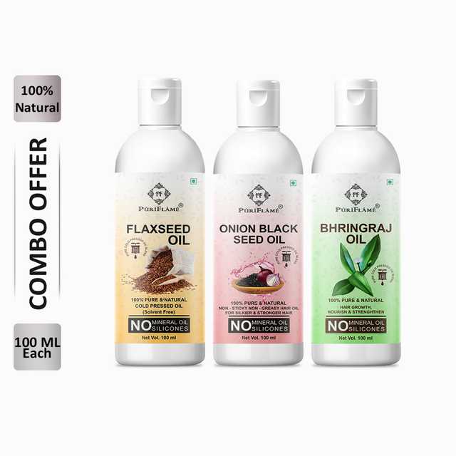 PuriFlame Pure Flaxseed Oil (100 ml) & Onionblackseed Oil (100 ml) & Bhringraj Oil (100 ml) Combo For Rapid Hair Growth (Pack Of 3) (B-4216)