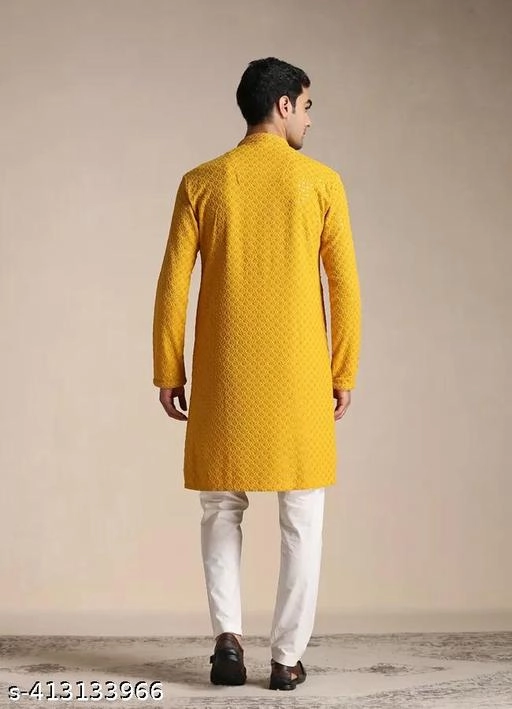 Viscose Embroidered Kurta for Men (S, Yellow)