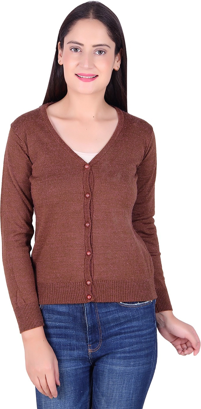 V Neck Solid Cardigans for Women (Brown, M)