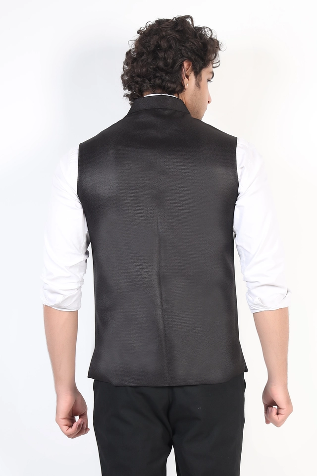 Jute Khadi Solid Waistcoat for Men (Black, M)