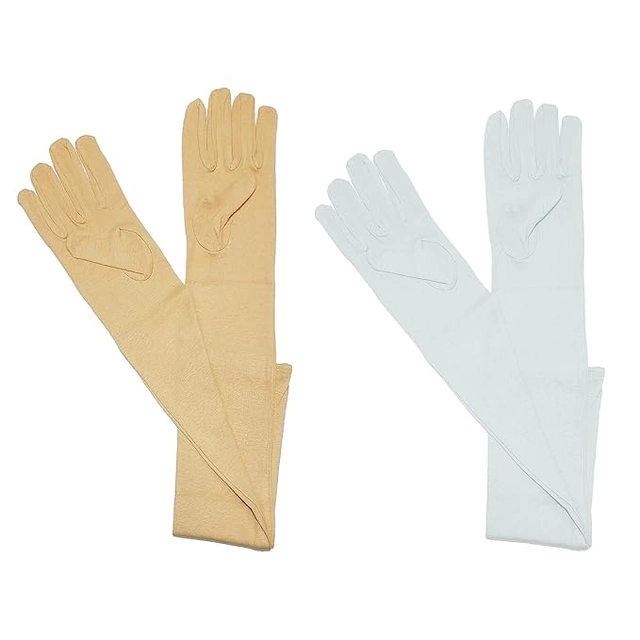 Cotton Solid Full Hand Gloves for Men & Women (Beige & White, Set of 2)