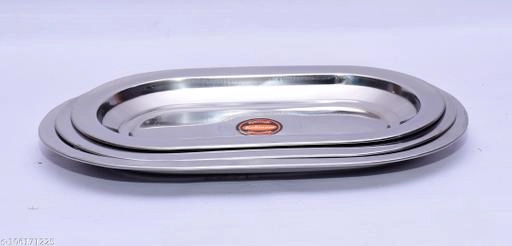 Stainless Steel Serving Tray (Silver, Set of 3)