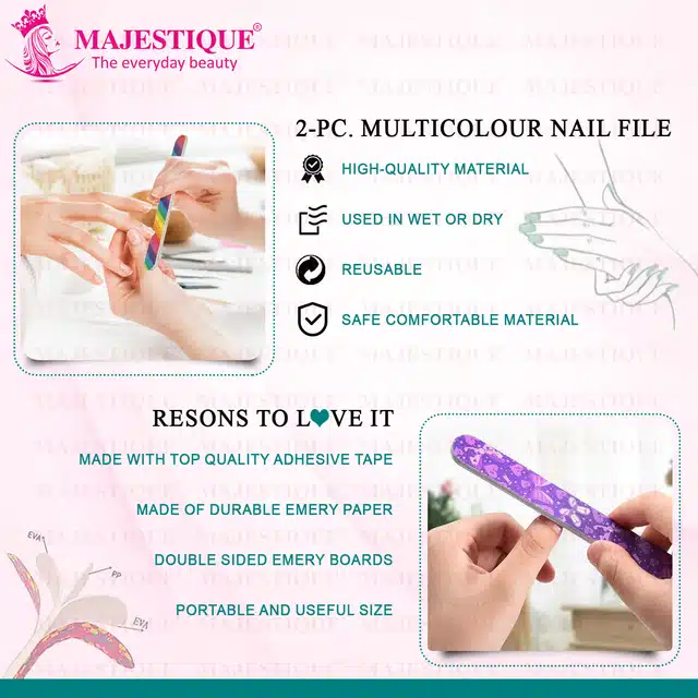 Majestique Nail File Double Sided Filers for Shaping and Smoothing Toe Nails and Finger Nails (Multicolour, Pack of 2) (B-80)