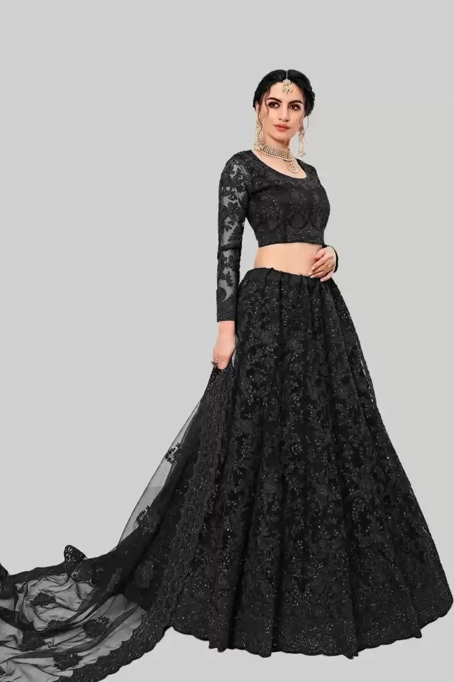 Net Embroidered Semi Stitched Lehenga Choli for Women (Black, Free Size)