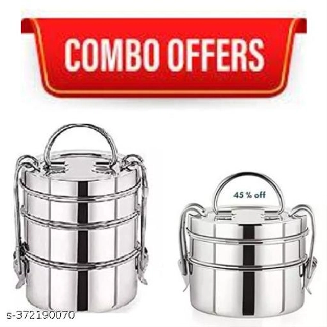 Stainless Steel 3 Layer Lunch Box (Silver, Pack of 2)