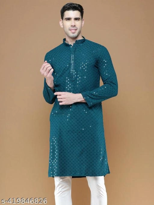 Viscose Embroidered Kurta for Men (M, Teal)