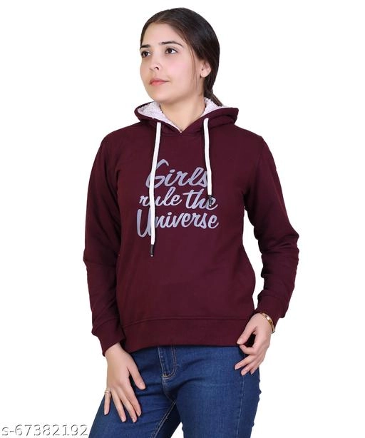 Cotton Blend Printed Hoodie for Women (Brown, M)