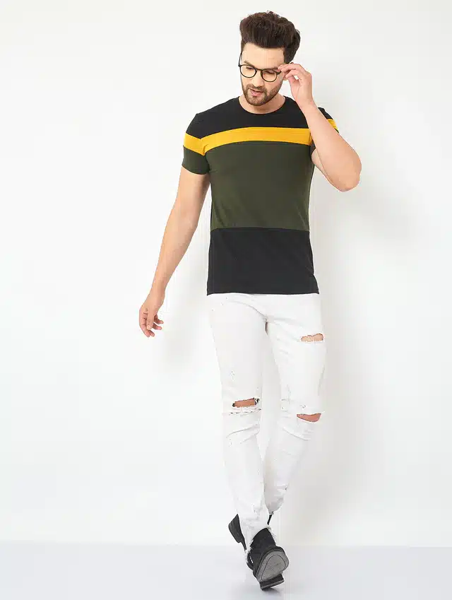 Men's Color Blocked Casual T-shirt (Black, M)