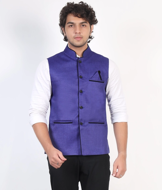 Jute Khadi Solid Waistcoat for Men (Blue, M)