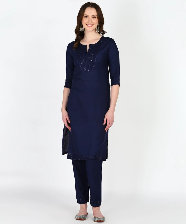 Rayon Embellished Kurti for Women (Navy Blue, S)