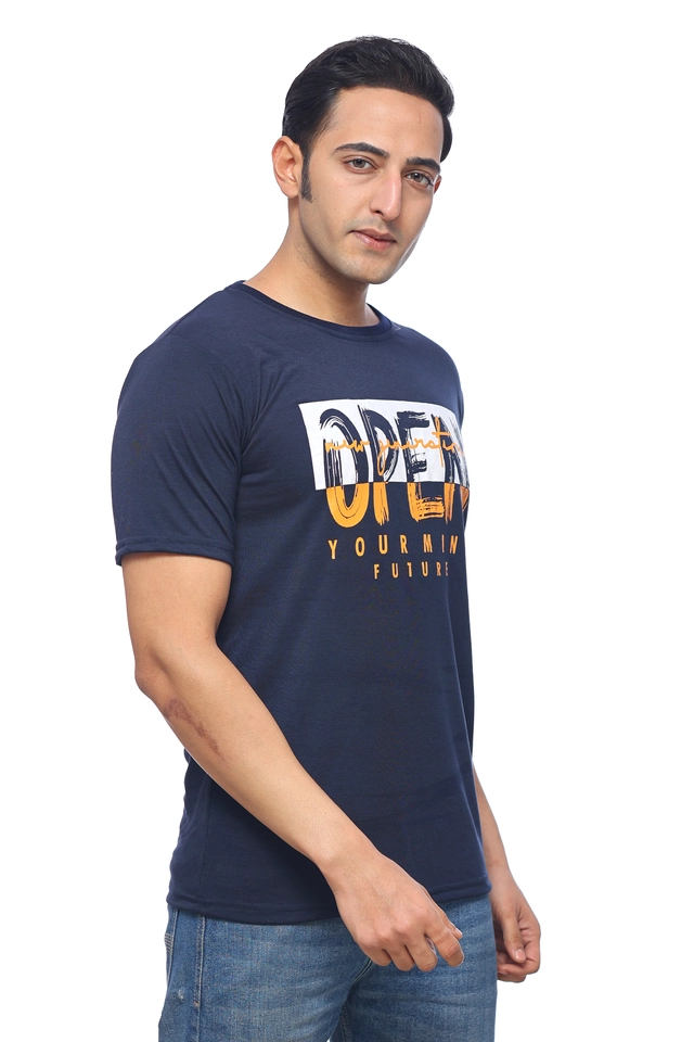 Round Neck Printed T-Shirt for Men (Navy Blue, M)