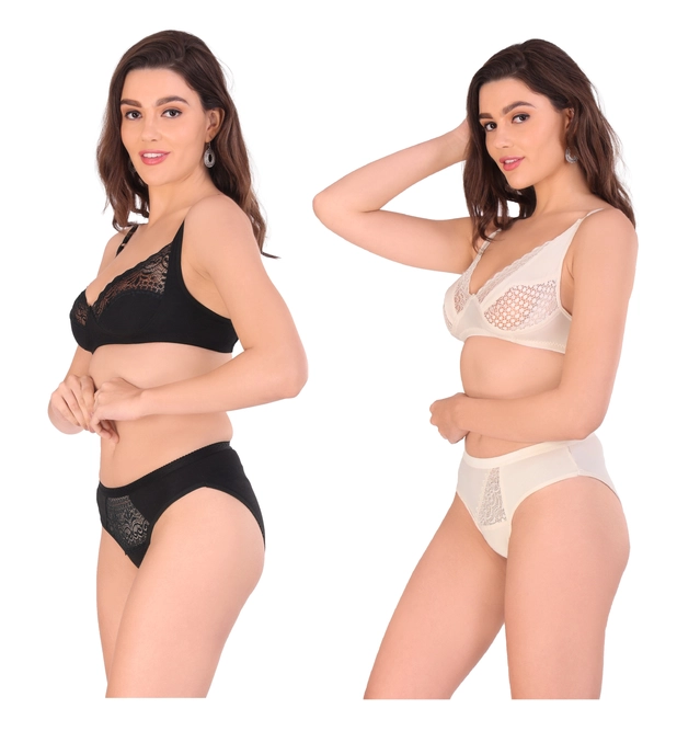 Cotton Blend Solid Non Padded Lingerie Set for Women (Multicolor, 30) (Pack of 2)