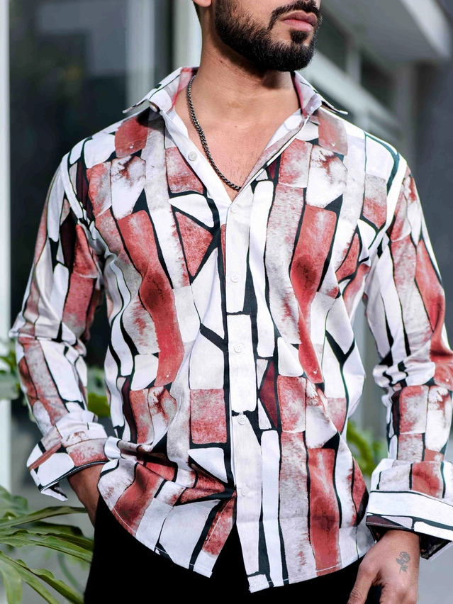 Full Sleeves Printed Shirt for Men (Red & White, S)