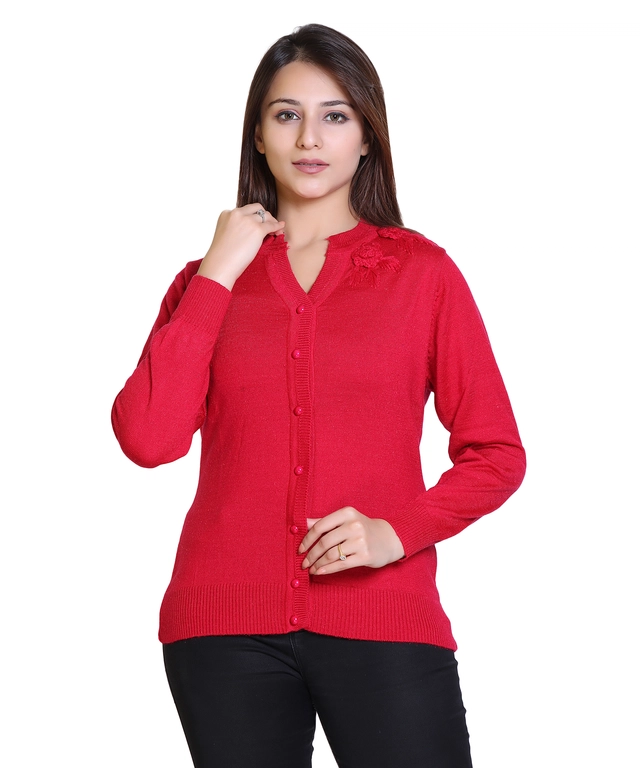 V Neck Solid Cardigans for Women (Magenta, M)