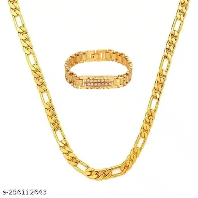 Designer Chain with Bracelet for Men & Boys (Gold, Set of 2)