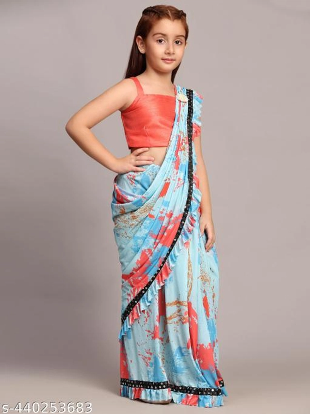 Printed Fancy Saree for Girls with Blouse (Sky Blue & Red, 3-4 Years)