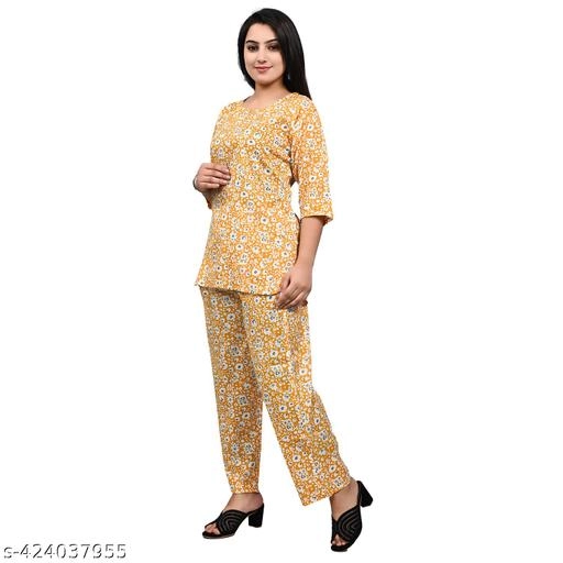 Rayon Printed Nightsuit for Women (Mustard, S)