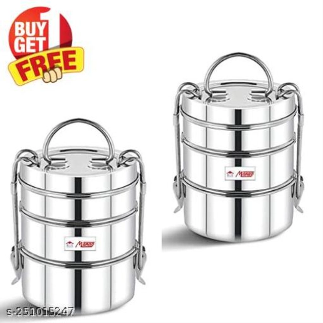 Stainless Steel 3 Layer Lunch Box (Silver, Pack of 2)