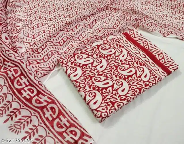 Cotton Unstitched Suit Fabric for Women (Red & White)