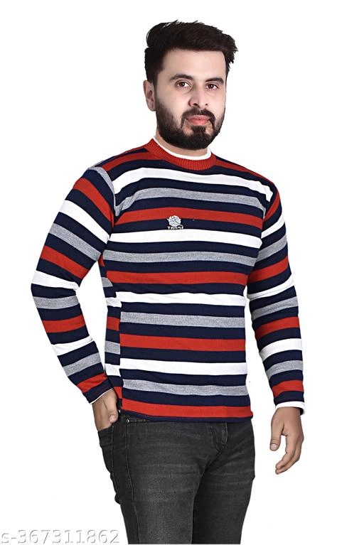 Woolen Striped Sweater for Men (Red, M)