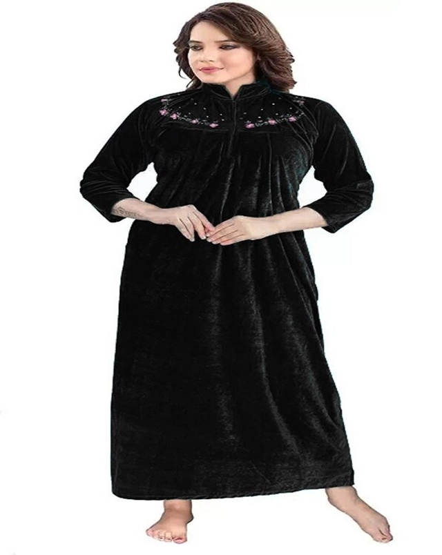 Velvet Embroidered Nightdress for Women (Black, Free Size)