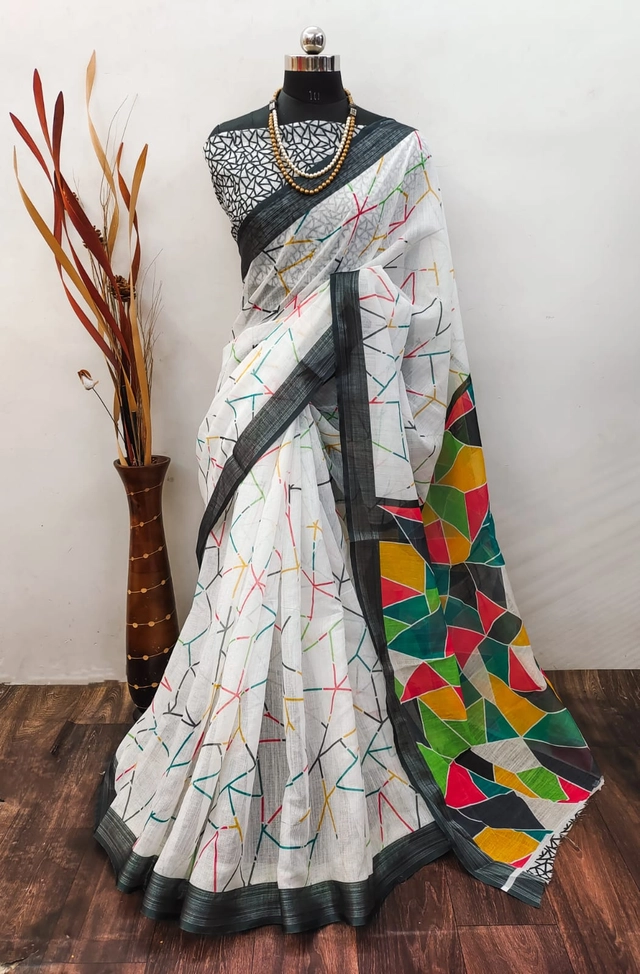 Linen Printed Saree for Women (Multicolor, 6.3 m)